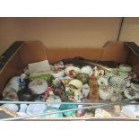 A box of decorative ceramics, thimbles, ornaments, etc