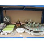 A shelf of decorative ceramics, Chinese plate, Carltonware, etc