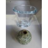 An art glass vase having etched flying duck decoration, signed and a miniature bottle vase,