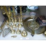A selection of brassware and miscellaneous including tray, candlesticks, bellows, fire irons etc