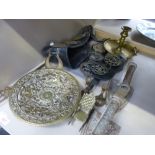 A selection of miscellaneous including horse brasses, flat irons