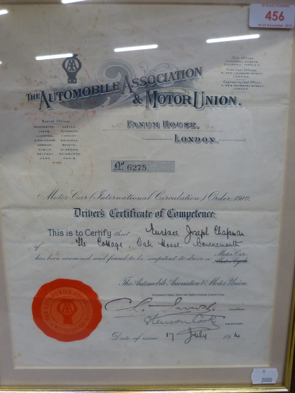 A framed Drivers Certificate of Competence for The Automobile Association and Motor Union 1914