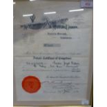 A framed Drivers Certificate of Competence for The Automobile Association and Motor Union 1914
