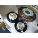 Three Prattware pot lids and an aneroid barometer of large circular form