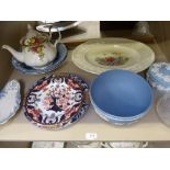 A selection of ceramics and glassware including Royal Crown Derby plate, Wedgwood bowl, Royal Albert