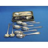 Six Georgian silver teaspoons, London 1800 & 1804, two Victorian HM silver salt spoons and a cased