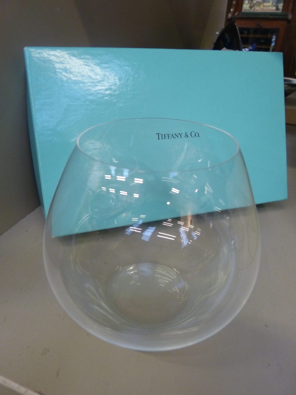 A Tiffany & Co glass brandy vase, signed in original box
