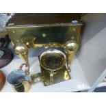 A late Victorian brass footman, a brass dish and tray and a brass jug with copper handle