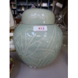 A Cobridge stoneware lidded ginger jar on incised celadon ground marked S J Trial '98