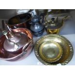 A vintage copper kettle, fish kettles, a brass kettle and dishes and pewterware