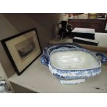 A selection of blue and white ware and a 19th Century etching