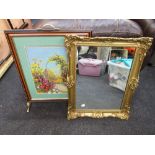 A modern tapestry fire screen and gilt wall mirror