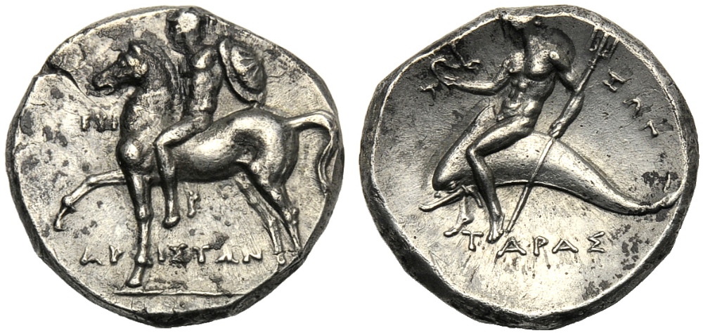 Apulia, Nomos, Tarentum, c. 272-240 BC; AR (g 6,15; mm 18; h 12); Horseman galloping l., holding