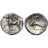 Apulia, Nomos, Tarentum, c. 272-240 BC; AR (g 6,15; mm 18; h 12); Horseman galloping l., holding