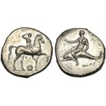 Apulia, Nomos, Tarentum, c. 332-302 BC; AR (g 7,47; mm 22; h 9); Ephebe advancing r., crowning