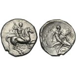 Apulia, Nomos, Tarentum, c. 280-272 BC; AR (g 6,33; mm 20; h 11); Warrior on horseback r., holding