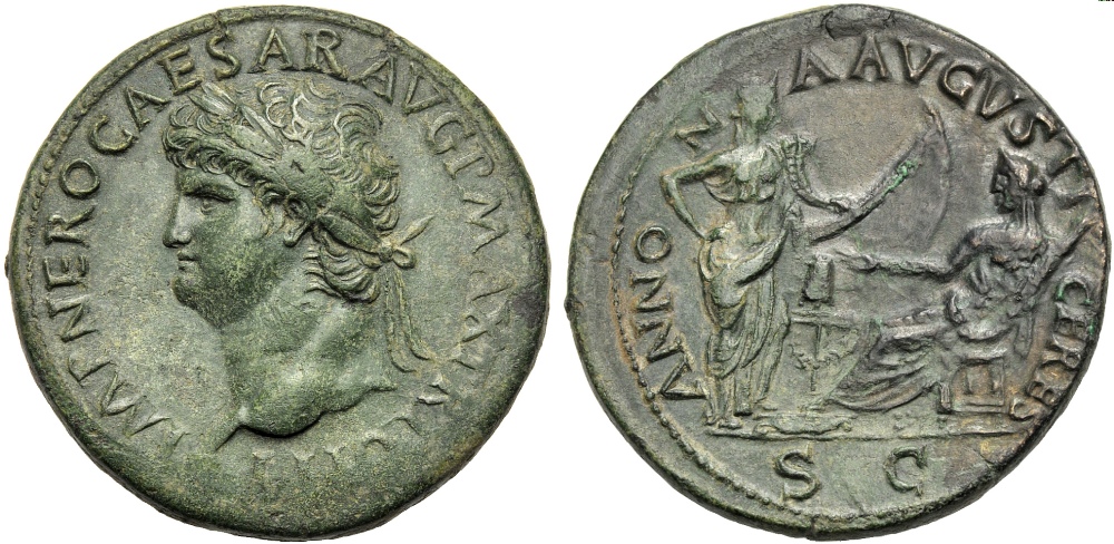 Nero (54-68), Sestertius, Lugdunum, c. AD 67; AE (g 24,09; mm 35; h 6); IMP NERO CAESAR AVG P MAX TR
