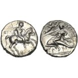 Apulia, Nomos, Tarentum, c. 272-240 BC; AR (g 6,30; mm 19; h 9; Horseman galloping r., holding