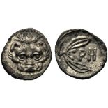 Bruttium, Litra, Rhegion, c. 415-387 BC; AR (g 0,57; mm 10; h 2); Facing lion’s head; dotted border,