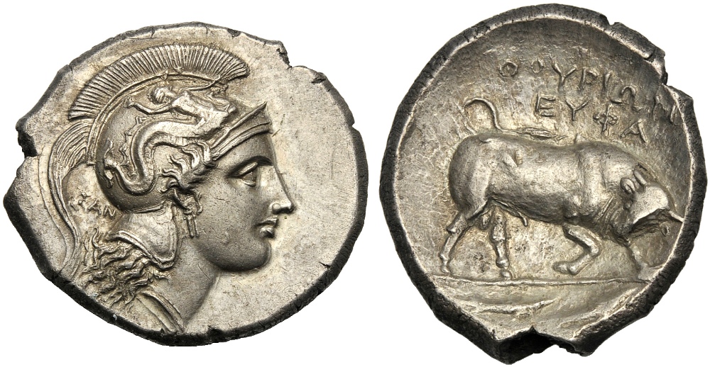 Lucania, Distater (EYΦA/EYΦAN group), Thourioi, c. 350-300 BC; AR (g 15,62; mm 29; h 9); Head of