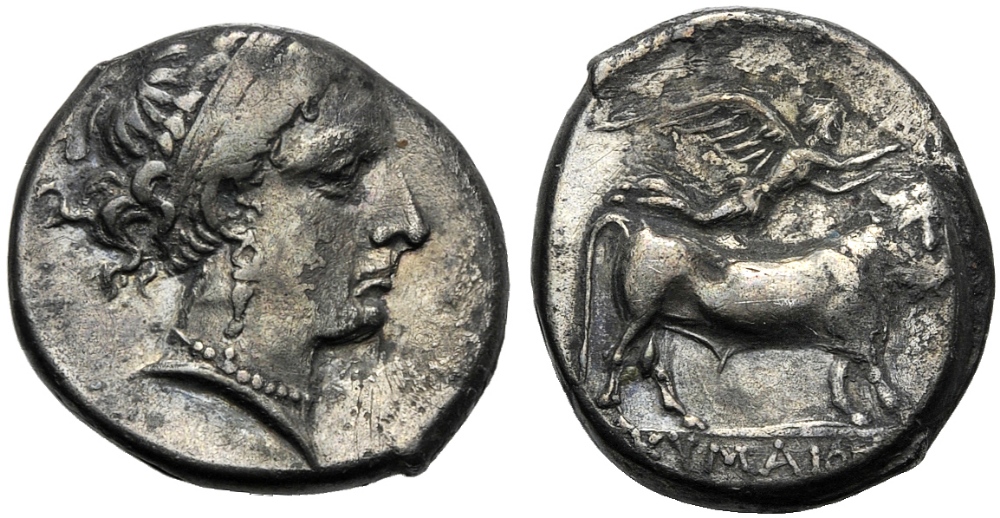 Campania, Didrachm, Cumae, c. 325-300 BC; AR (g 7,42; mm 20; h 9); Head of nymph r., wearing diadem,