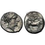 Campania, Didrachm, Cumae, c. 325-300 BC; AR (g 7,42; mm 20; h 9); Head of nymph r., wearing diadem,