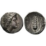 Lucania, Stater, Metapontion, c. 330-290 BC; AR (g 7,36; mm 20; h 3); Head of Demeter r., wearing