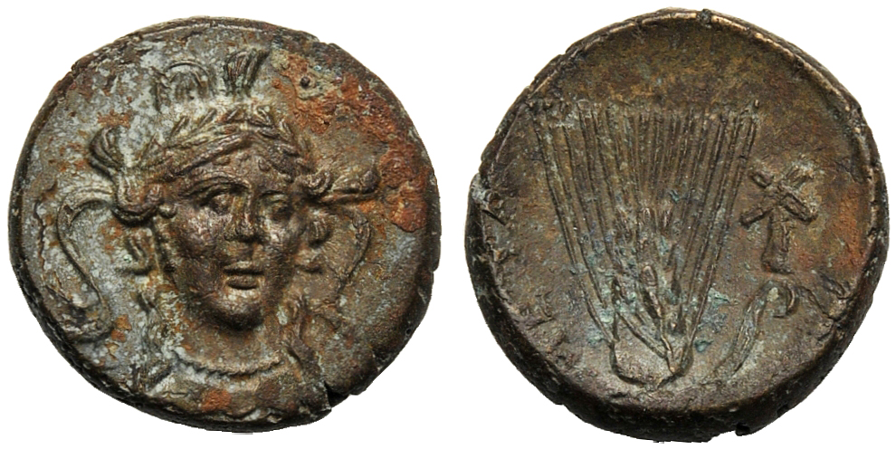 Lucania, Bronze, Metapontion, c. 300-250 BC; AE (g 3,85; mm 16; h 2); Head of Athena three-