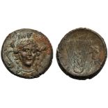 Lucania, Bronze, Metapontion, c. 300-250 BC; AE (g 3,85; mm 16; h 2); Head of Athena three-