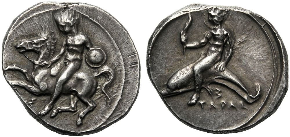 Apulia, Nomos, Tarentum, c. 425-380 BC; AR (g 7,99; mm 21; h 4); Horseman, holding shield,