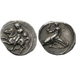 Apulia, Nomos, Tarentum, c. 425-380 BC; AR (g 7,99; mm 21; h 4); Horseman, holding shield,