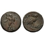 Lucania, Bronze, Metapontion, c. 300-250 BC; AE (g 3,79; mm 15; h 6); Athena Alkidemos r.,