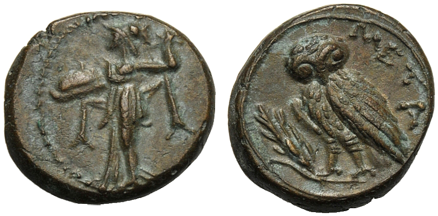 Lucania, Bronze, Metapontion, c. 300-250 BC; AE (g 3,13; mm 15; h 8); Athena Alkidemos l.,