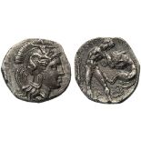 Apulia, Diobol, Tarentum, c. 380-325 BC; AR (g 1,37; mm 12; h 10); Head of Athena r., wearing