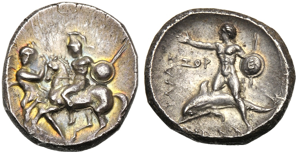 Apulia, Nomos, Tarentum, c. 302-280 BC; AR (g 7,97; mm 22; h 3); Horseman galloping l., holding