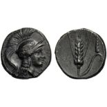 Lucania, Drachm, Metapontion, Issue for the Lucani, c. 280-270 BC; AR (g 3,13; mm 15; h 7); Head