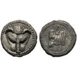 Bruttium, Drachm, Rhegion, c. 494-480 BC; AR (g 4,99; mm 17; h 12); Facing lion’s head facing;