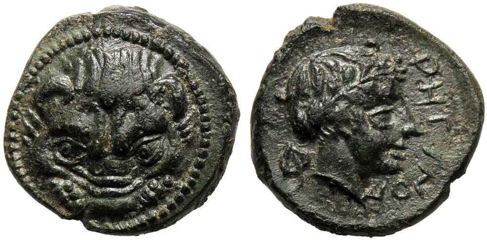 Bruttium, Bronze, Rhegion, c. 415-387 BC; AE (g 1,79; mm 12; h 1); Facing lion’s head; dotted