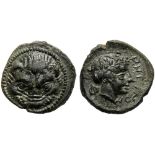 Bruttium, Bronze, Rhegion, c. 415-387 BC; AE (g 1,79; mm 12; h 1); Facing lion’s head; dotted