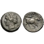 Campania, Didrachm, Neapolis, c. 275-250 BC; AR (g 6,93; mm 18; h 9); Head of nymph l., wearing hair