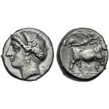 Campania, Didrachm, Neapolis, c. 275-250 BC; AR (g 7,00; mm 18; h 11); Head of nymph l., wearing