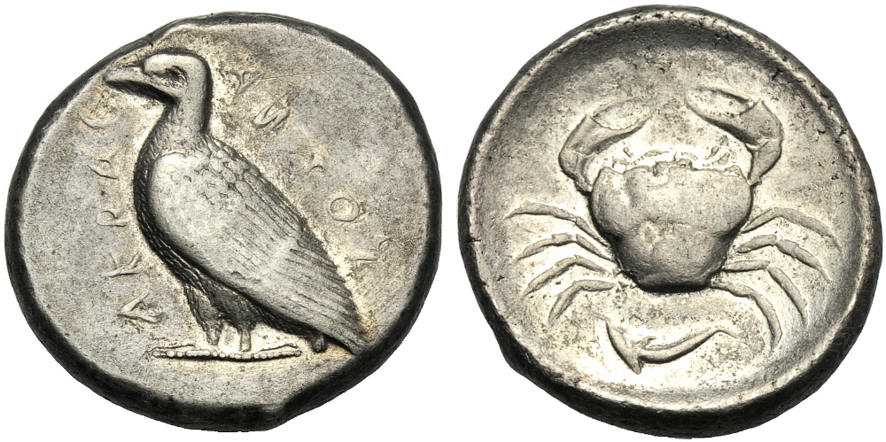 Sicily, Tetradrachm, Akragas, c. 470-420 BC; AR (g 17,50; mm 25; h 10); AKPAC-ACANTOΣ (retr.), eagle