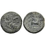 Campania, Biunx, Capua, c. 216-211 BC; AE (g 13,08; mm 24; h 6); Laureate head of Jupiter r.; at l.,