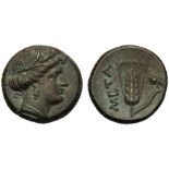 Lucania, Bronze, Metapontion, c. 300-250 BC ; AE (g 2,86; mm 14; h 7); Head of Demeter r., wearing