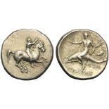 Apulia, Nomos, Tarentum, c. 332-302 BC; AR (g 7,80; mm 22; h 12); Ephebe riding horse r., with