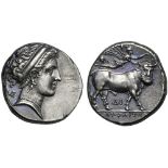 Campania, Didrachm, Neapolis, c. 320-300 BC; AR (g 7,49; mm 19; h 2); Head of nymph r., wearing