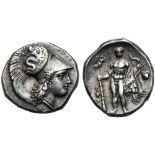 Lucania, Stater, Herakleia, c. 340-300 BC; AR (g 7,88; mm 20; h 9); |-HPAKΛHIΩN, head of Athena