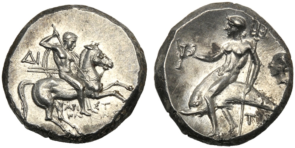 Apulia, Nomos, Tarentum, magistrates Aristokles and Di -, c. 272-240 BC; AR (g 6,51; mm 17; h 9);