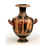 A Lucanian red-figured hydria 4th century BC; 35 cm (13,77 in) high; Oval body, everted rim,