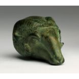 A Greek bronze ram protome 4th-3rd century BC; 3,9 cm (1,53 in) long; Superbly modelled, with